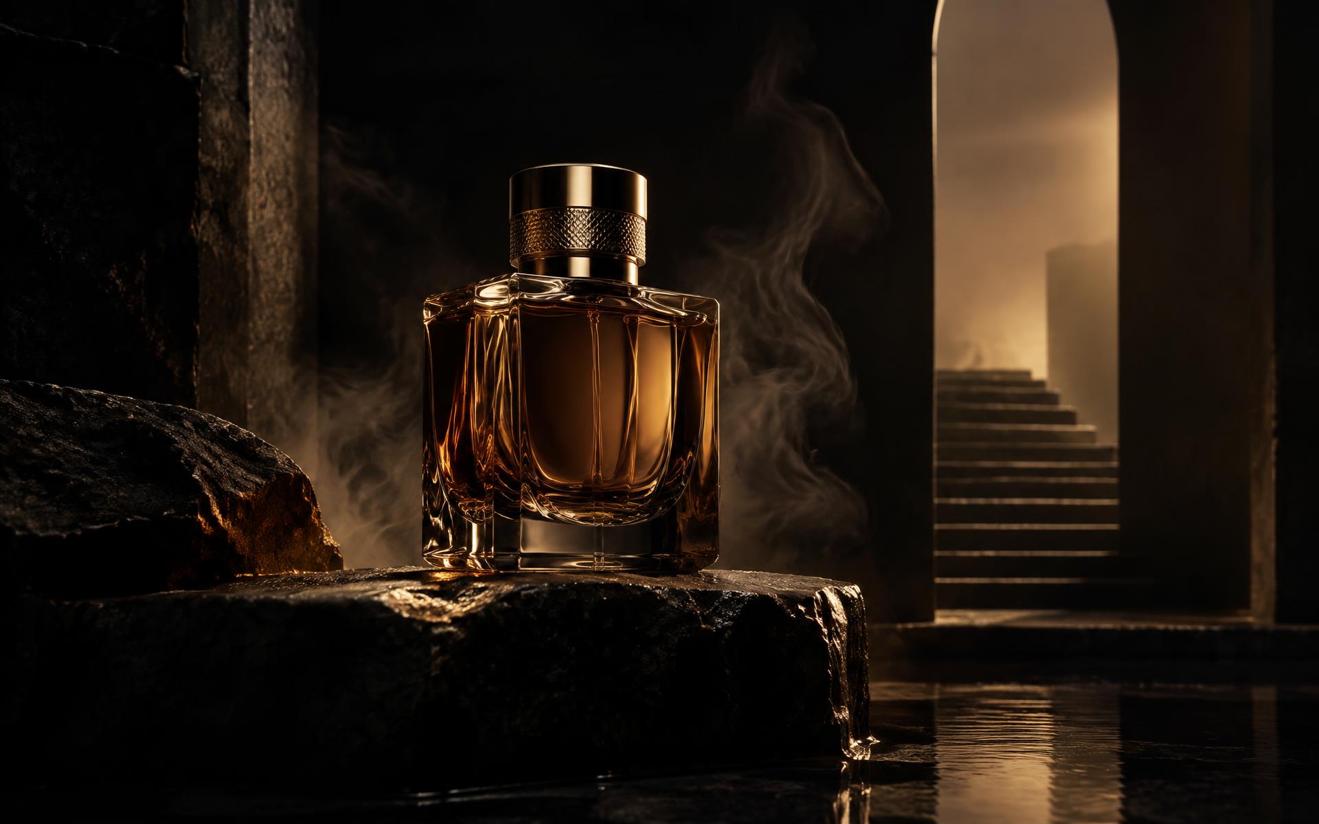 SENORA LUNA signature fragrance bottle in a dark stone chamber